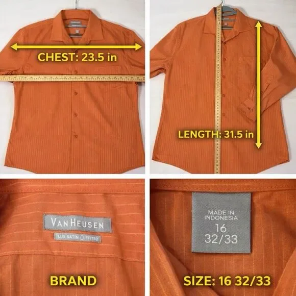 Van Heusen Lux Satin Fitted Dress Shirt Mens 16 32/33 Orange Stripe Button Up. - Picture 7 of 7